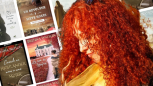 Collage con portadas de libros de Brenna Watson, autora de novelas románticas históricas con highlanders, venganzas elegantes y amor en la Regencia inglesa