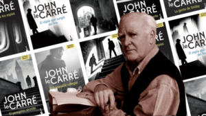 Retrato clásico de George Smiley con libros de John le Carré