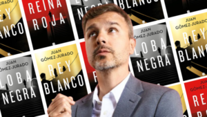 Portada de los libros de la Trilogía Reina Roja con Juan Gómez-Jurado en el centro. Libros de la protagonista Antonia Scott como protagonista