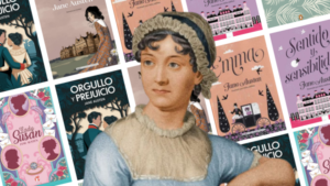 Retrato clásico de Jane Austen sobre un fondo de portadas ilustradas de sus novelas, como Orgullo y prejuicio, Emma y Sentido y sensibilidad