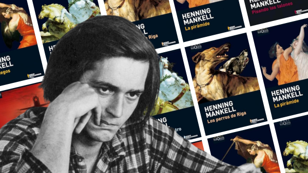 Collage de portadas de los libros de Kurt Wallander de Henning Mankell con imagen en blanco y negro de un hombre pensativo en primer plano