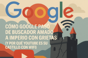 Ilustración con el logo de Google, un castillo agrietado con señal wifi y el título 'Cómo Google pasó de buscador amado a imperio con grietas (y por qué YouTube es su castillo con wifi)