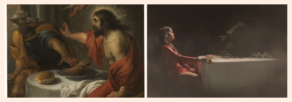 Pintura de Júpiter castigando a Licaón con cabeza de lobo junto a una reinterpretación contemporánea con Rosalía sentada frente a una criatura en una mesa neblinosa. Ambas escenas evocan juicio y tensión.
