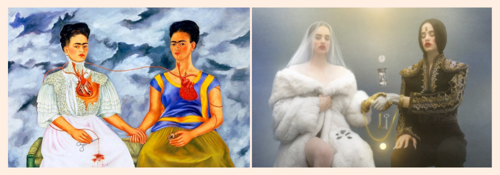 Cuadro Las dos Fridas con corazones conectados por una arteria y una versión moderna con dos mujeres vestidas de novia y torera unidas por una cadena dorada. Representa la dualidad, el dolor y la conexión emocional.
