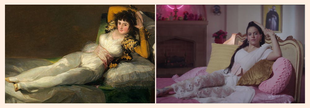 Retrato clásico de La maja vestida de Goya junto a una escena contemporánea de Rosalía tumbada en una cama rosa en actitud similar. Ambas imágenes exploran el erotismo y la mirada femenina desde distintas épocas.