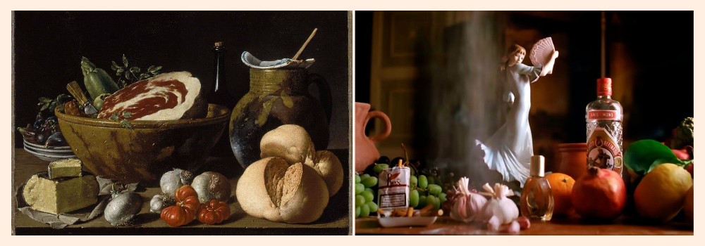 Bodegón clásico con pan, queso, jamón y vasijas comparado con una versión moderna con frutas, botella de Anís del Mono y una figurita flamenca envuelta en vapor. Contraste entre tradición doméstica e iconografía popular.