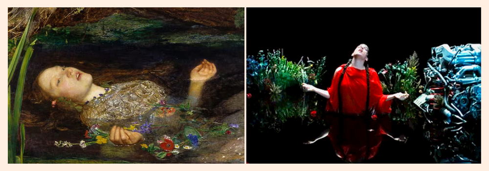 Pintura prerrafaelita de Ofelia flotando muerta en el agua con flores alrededor y una escena moderna de Rosalía de rojo sumergida en agua negra con flores y piezas de motor. Ambas reflejan el sacrificio y la belleza trágica.