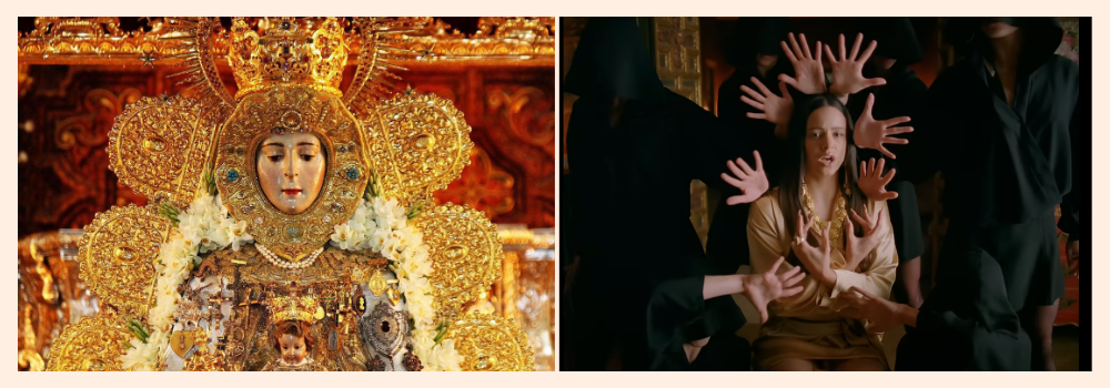 Imagen sacra de la Virgen del Rocío adornada con oro junto a Rosalía vestida de dorado, rodeada de manos simbólicas en una escena coreografiada. Se yuxtaponen lo religioso y lo performativo en clave pop y crítica.